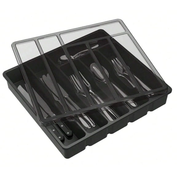Silverware Organizer With Lid, Covered Utensil Tray For Kitchen Drawer And Countertop, Utensil Organizer For Kitchen Drawers