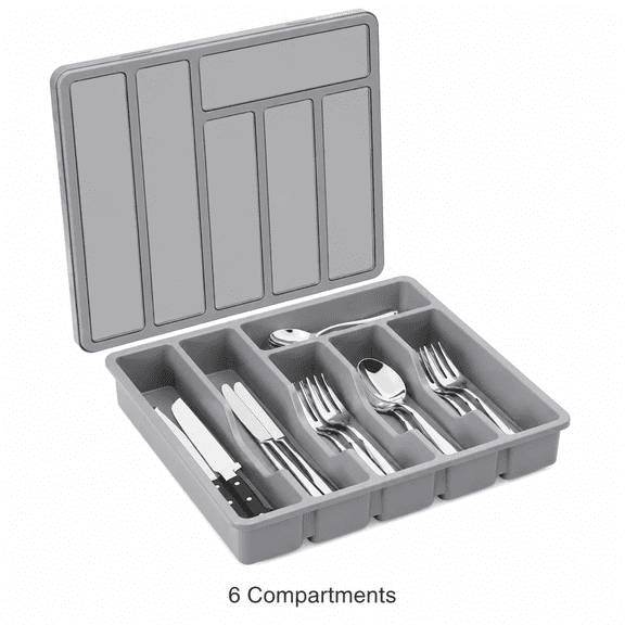 Silverware Organizer with Lid, Covered Utensil Tray for Kitchen Drawer, 12.6 x 11.8 inches, Gray