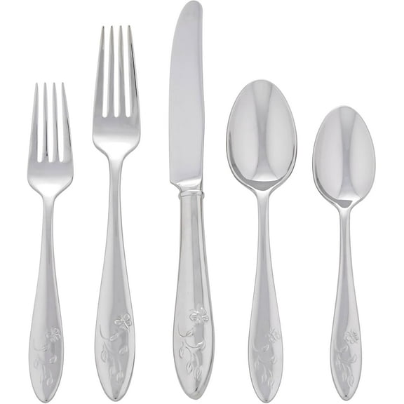 Silverware Set For 12, Butterfly Meadow 65-Piece Flatware Set, Service For 12, 18/10 Stainless Steel, Dishwasher Safe, Butterfly and Flower Motif, Includes Serving Utensils (Silver, 65 Piece)