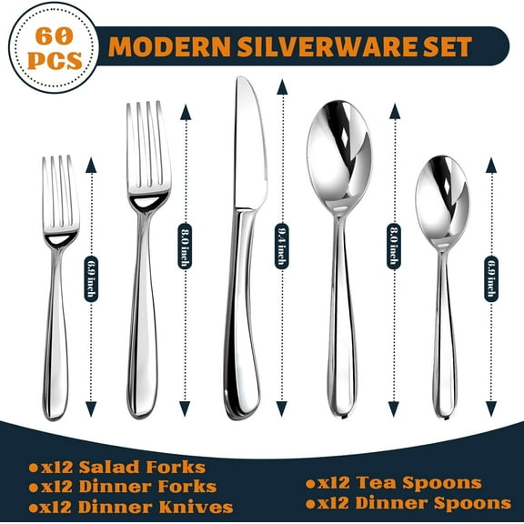 Silverware Set for 12, Heavy Duty Stainless Steel Cutlery Set Flatware Set, 60 Piece Premium Silverware, Mirror Polished Modern Cutlery include Fork Knife Spoon Set, Dishwasher Safe