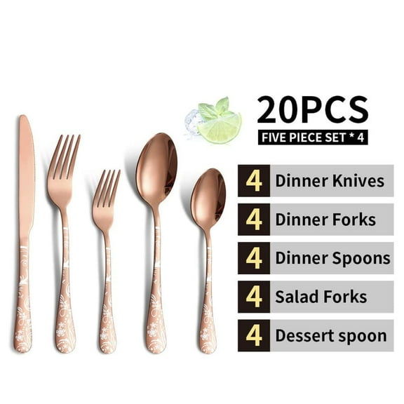 Silverware Set, 20-Piece Stainless Steel Flatware, Rose Gold Flower Pattern Forks and Spoons Set with Knives, Mirror Finish & Dishwasher Safe