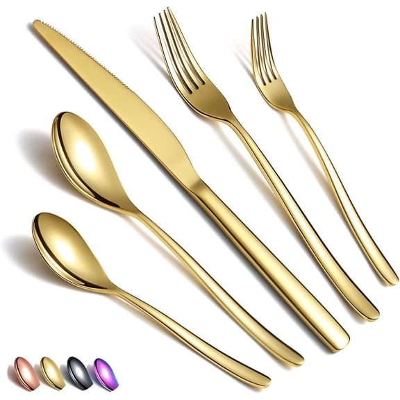 Silverware Set 20 count, Stainless Steel  Flatware Set, Titanium  Golden Cutlery Set,  Utensil Sets Service Set for 4 (Shiny Golden)