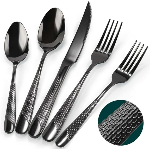 Silverware Set, 30 Pieces Black Hammered Flatware Set for 6, Mirror Polished Stainless Steel Cutlery Set for Home, Kitchen, Restaurant and Hotel, Dishwasher Safe