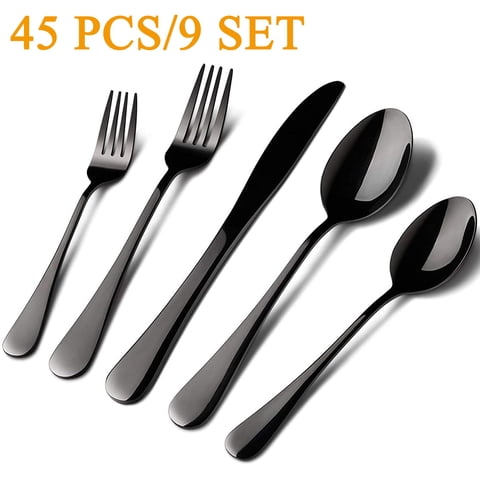 GPED Silverware Set, 45 Piece Stainless Steel Flatware Cutlery Set Service for 9, Include Knife Fork Spoon, Stylish Mirror Finish, Dishwasher Safe Perfect for Home Kitchen Restaurant, Black