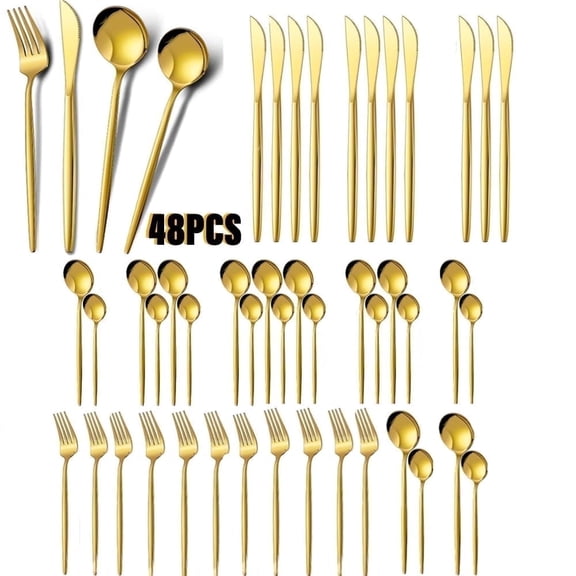 MYVIT Gold Silverware Set for 12,48-Piece Luxury Kitchen Dining Utensil Set Lunch Party Wedding Cutlery Set,Stainless Steel Metal Flatware Spoons Forks Set Dishwasher Safe