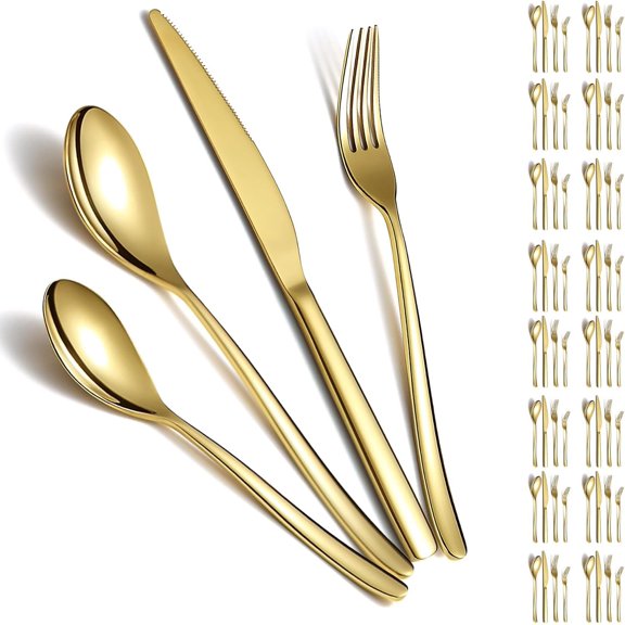 Silverware Set 48 count Service for 12, Golden Titanium  Stainless Steel Flatware Set,  Spoons Forks  Set for , Wedding, Restaurant, Hotel, Dishwasher Safe