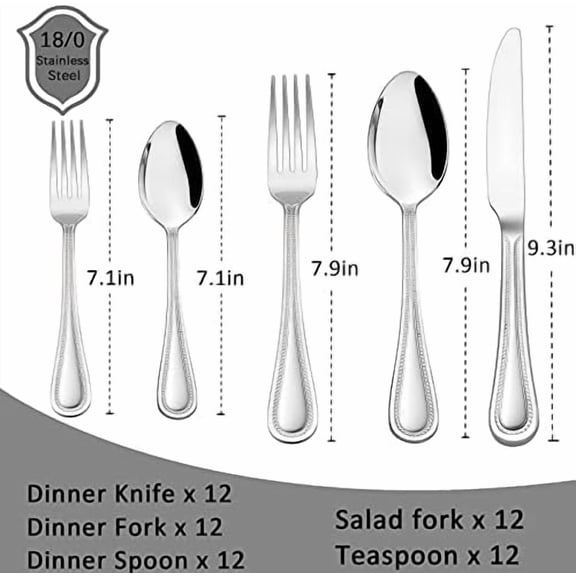 Silverware Set, 60-Piece Pearled Edge Stainless Steel Flatware for 12, Beading Tableware Cutlery Utensil for Home, Mirror Polished, Dishwasher Safe