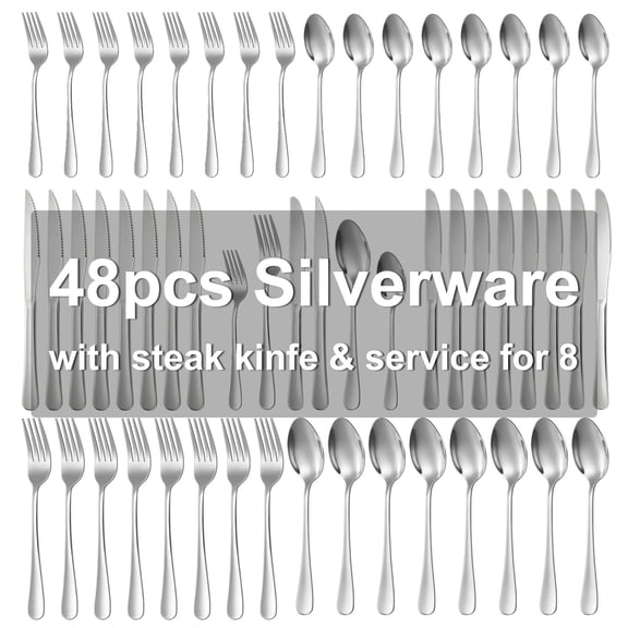 Silverware Set for 8, 48-Pieces Cutlery Set with Steak Knives, Stainless Steel Flatware Set Include Forks and Spoons Set, Dishwasher Safe Utensil Sets for Home Restaurant