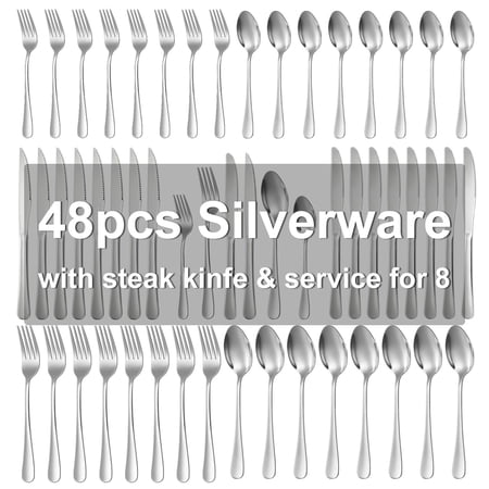 Silverware Set for 8, 48-Pieces Cutlery Set with Steak Knives, Stainless Steel Flatware Set Include Forks and Spoons Set, Dishwasher Safe Utensil Sets for Home Restaurant