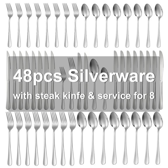 Silverware Set for 8, 48-Pieces Cutlery Set with Steak Knives, Stainless Steel Flatware Set Include Forks and Spoons Set, Dishwasher Safe Utensil Sets for Home Restaurant