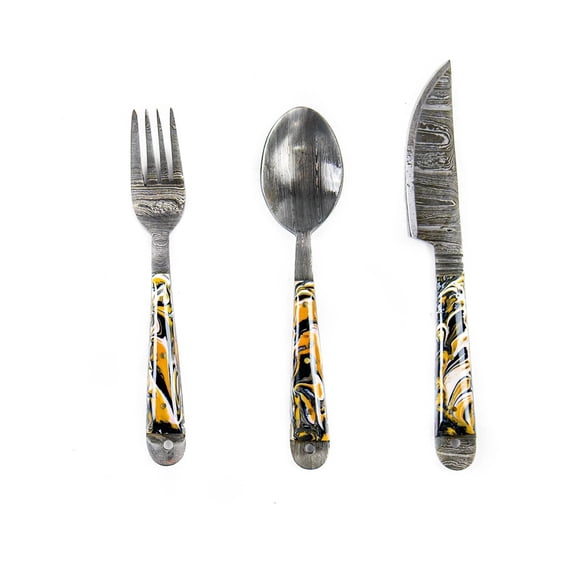 Silverware Set- High Carbon Damascus Steel- Fork, Spoon and Knife- Micarta