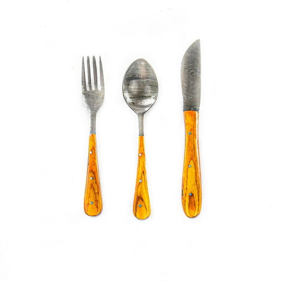 Silverware Set- High Carbon Damascus Steel- Fork, Spoon and Knife- Wood