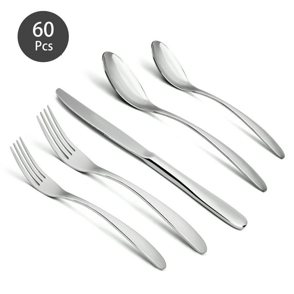Silverware Set, JOW 60 Pieces Flatware Set, Stainless Steel Cutlery Set Service for 8, Includes Knives, Forks, Spoons, Mirror Polished, Dishwasher Safe-(Silver)