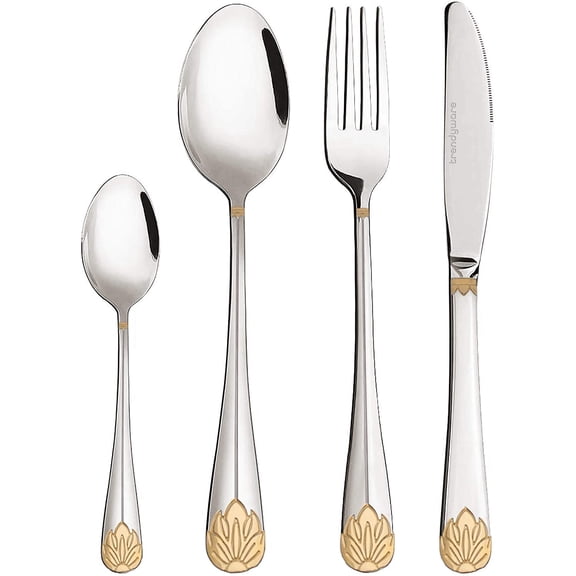Silverware Set Limited Edition 24 Piece Dinnerware Set Flatware Set for 6 Silver Tableware Set w/Gold Accents Great for Family Gatherings & Daily Use Spoons, Knives, Teaspoons, Forks