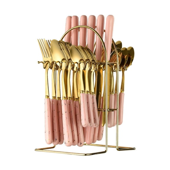 Silverware Set with Organizer,Hanging Silverware Set,24pcs Silverware Set with Hanging Holder Stainless Steel Flatware Set Service for 6 Utensils Set Mirror Polished Tableware Set Forks(Pink)