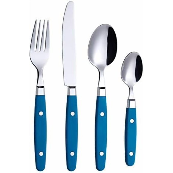 Silverware Set, Retro/Rivet Colorful Stainless Steel Tableware Kitchen Flatware Set Utensils, Includes Dinner Knives, Forks, Spoons & Dessert Spoons (Blue, 24 Pieces)