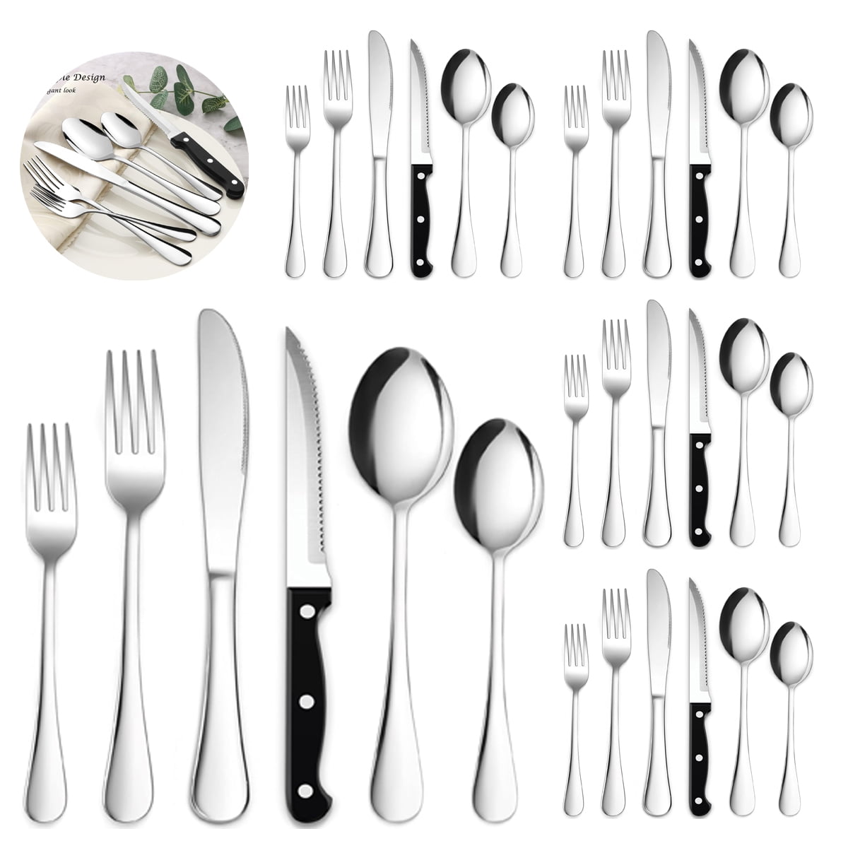 Silverware Set with Steak Knives, 30Piece Stainless Steel Cutlery Set