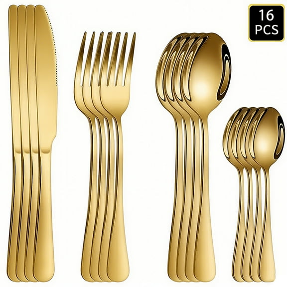 Silverware Set for 4, 16Pcs Stainless Steel Gold Flatware Flatware Utensils Cutlery Set Forks and Spoons Dinnerware Kitchen Tableware