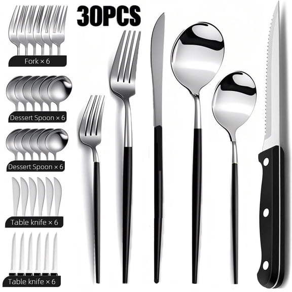 Silverware Set wih Steak Knives Service for 6,30-Piece Stainless Steel Gold Forks and Spoons Knives Set Utensils Flatware Cutlery Set Kitchen Accessories