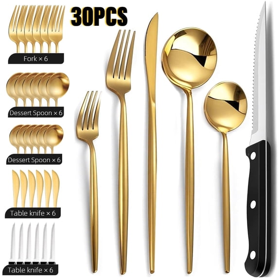 Silverware Set wih Steak Knives Service for 6,30-Piece Stainless Steel Gold Forks and Spoons Knives Set Utensils Flatware Cutlery Set Kitchen Accessories