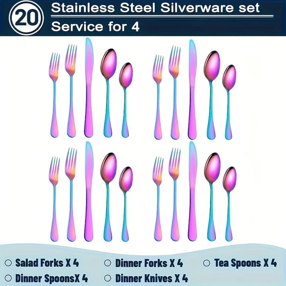 Silverware Set with Stainless Steel Rainbow Finish, 20 Piece Flatware for 4, Dishwasher Safe