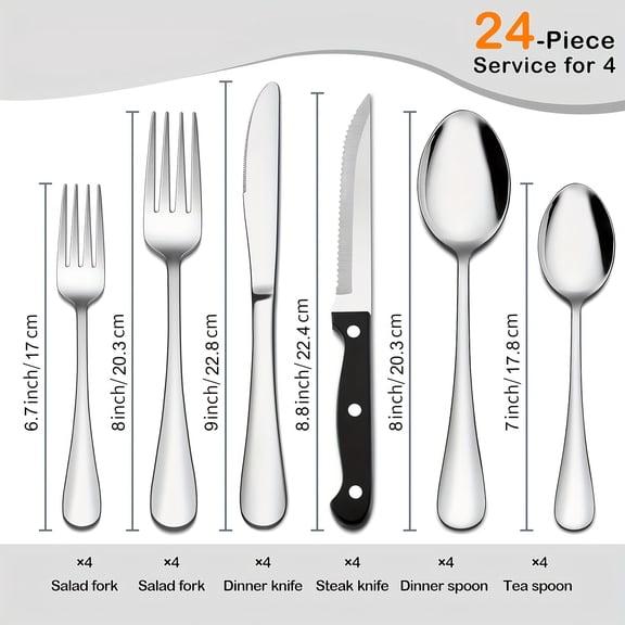 Silverware Set with Steak Knives, 24 Piece Stainless Steel Flatware for 4, Silver Black