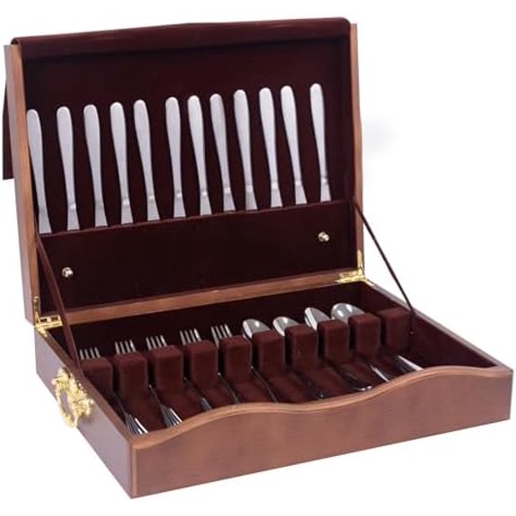 Silverware Storage Box,1 Layer Wooden Silverware Chest with Drawer,Silverware Case with Handle and Felt Lined,15.35" x 11.41" Flatware and Utensil Organizer for Kitchen,Black(Flatware Not Included)