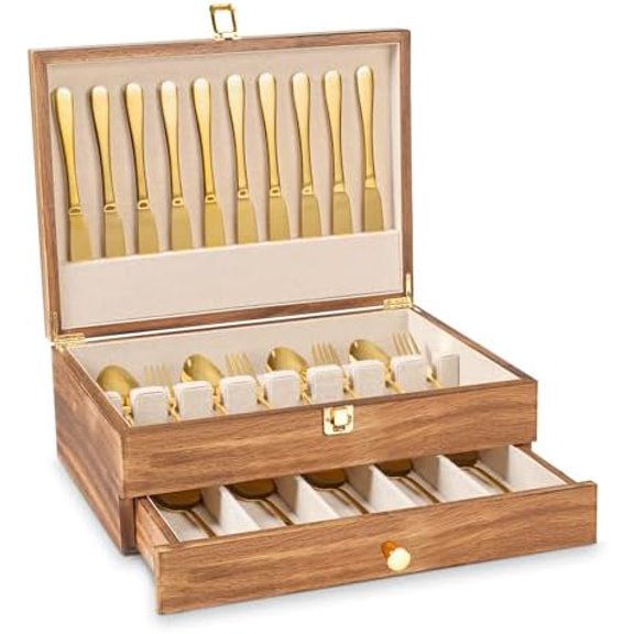 Silverware Storage Box, 2-Layer Flatware Storage Case with Drawer, Wooden Silverware Chest with Linen Liner, Rustic Silverware Case for Storing Fine Flatware and Utensils (Brown)