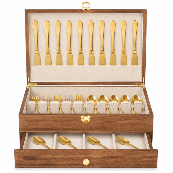 Silverware Storage Box, 2-Layer Flatware Storage Case with Drawer, Wooden Silverware Chest with Linen Liner, Rustic Silverware Case for Storing Fine Flatware and Utensils (Brown)