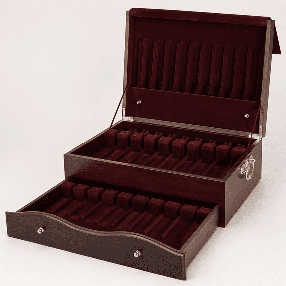 Silverware Storage Box, 2 Layers Wooden Silverware Chest with Drawer, Silverware Case with Handle and Felt Lined, Flatware and Utensil Organizer for Kitchen, Black (Flatware Not Included)