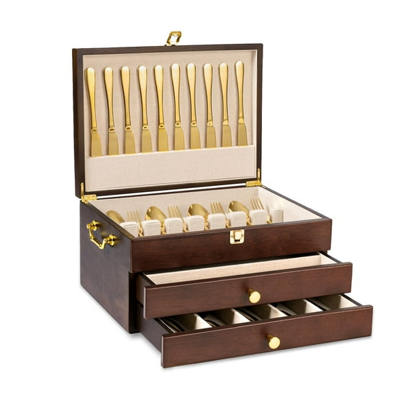Silverware Storage Box, 3-Layer Flatware Storage Case with Drawer, Wooden Silverware Chest with Handle and Linen Liner for Storing Fine Flatware and Utensils (Walnut)