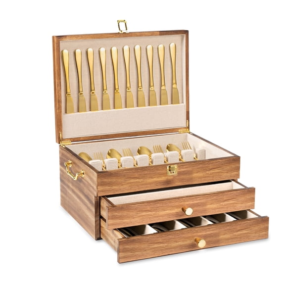 Silverware Storage Box, 3-Layer Flatware Storage Case with Drawer, Wooden Silverware Chest with Handle and Linen Liner for Storing Fine Flatware and Utensilsr (Torched Wood)