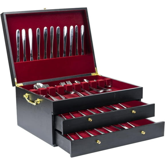 Silverware Storage Box,3 Layers Wooden Silverware Chest Case with Drawer,15.35" x 11.41" Flatware and Utensil Organizer for Kitchen(Flatware Not Included) (Black)