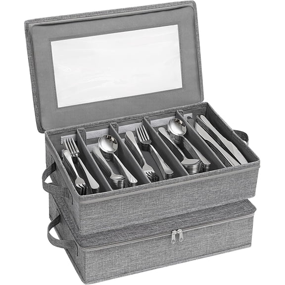 Silverware Storage Box, Covered Flatware Organizer with Zipper Lid, 5 Compartment Cutlery Case with Adjustable Divider and Handle, Utensil Container for Spoon Fork Knives, 2 Pack, 27 -43cm