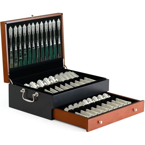 Silverware Storage Box Silverware Chest Case for Silver Flatware for 14 with Lid Tarnish Proof Felt Lined Partition Drawer and Polishing Cloth
