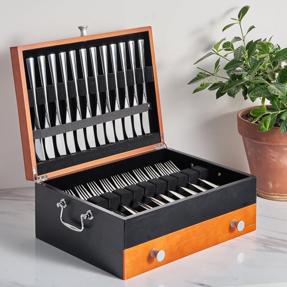 Silverware Storage Box Wood Chest Tarnish Proof Felt Lined for 12+ Utensils