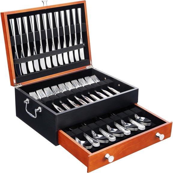 Silverware Storage Box, Wood Chest - without Cutlery - Tarnish Proof Felt Lined Storage Silver Chest, Store Sterling Silverware SilverTarnish Proof Flatware Hardware for 12 or 16 or more Utensil sets