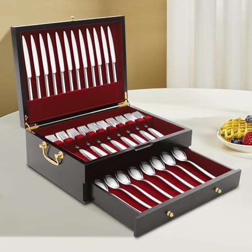 Silverware Storage Box, Wooden Silverware Chest with Drawer 15" X11" Luxury Cutlery Storage Box with Flannelette Lined for Flatware Utensils$$Home Decor, Kitchen, & Other