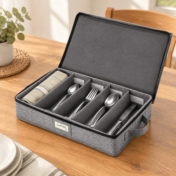 Silverware Storage Stackable Flatware Utensil Chest with 5 Adjustable Compartments