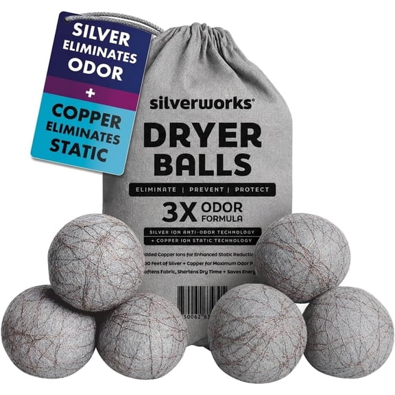 Silverworks Wool Dryer Balls with Silver & Copper Technology, Odor Eliminating & Anti-Static Reusable Laundry Balls, Natural Fabric Softener Eliminates Static Cling, Reduces Drying Time, 6 Pack