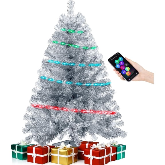 Silver 3ft Christmas Tree with Lights, Small 36inch Artificial Tree Mini Table Top Decorations, Xmas Desk Tree with 80 Colored Lights, 200 Branch, Holiday Decor for Home,Indoor Office Tabletop