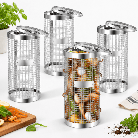Silvery 4-Pack Metal Underground Worm Composting Bins for Kitchen Food Waste