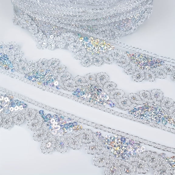 IDONGCAI Lace Trim 10 Yards Beaded Lace Ribbon Applique Sequin Lace Mesh Trim for Sewing Crafts 1.7 inch(Silvery)