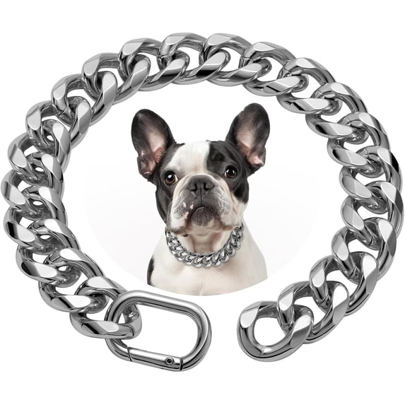 Silvery Chain Dog Collar - Metal Cuban Link Dog Necklace with Leather Belt, Lightweight Protect Puppy's Neck, Cute Fashion Dog Jewelry Accessories 14.5 inches