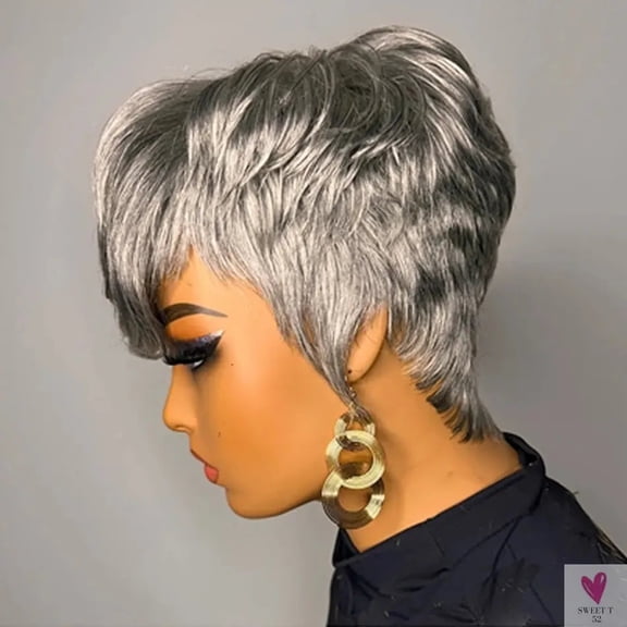 Silvery Gray Pixie Cut Wig - 100% Human Hair Wig for Women. Virgin Peruvian Remy Human Hair Layered  Wig