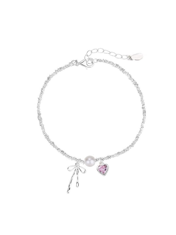 Silvery Pink Heart Bow Star Bracelet Sweet Fashionable Light Luxury Jewelry for Women Shiny Alloy Charm Gift