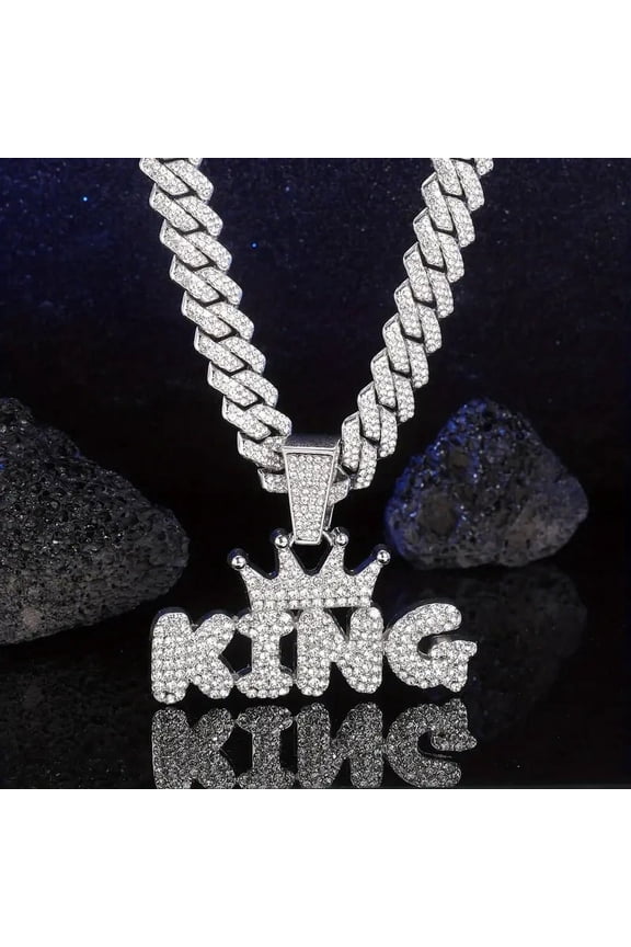 Silvery Rhinestone KING Letter Pendant Necklace Miami Cuban Link Chain Clavicle Jewelry For Women Men