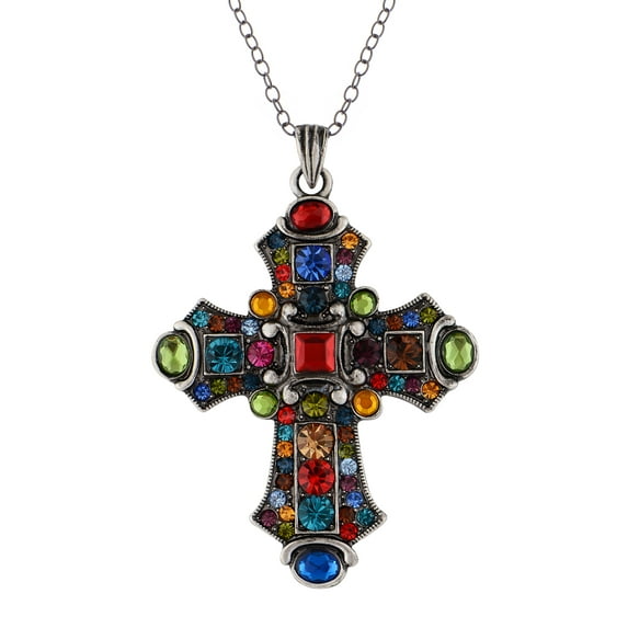 Silvery Stain Glassed Colorful Rhinestones Cross Gothic Costume Pendant Necklace, Silvery