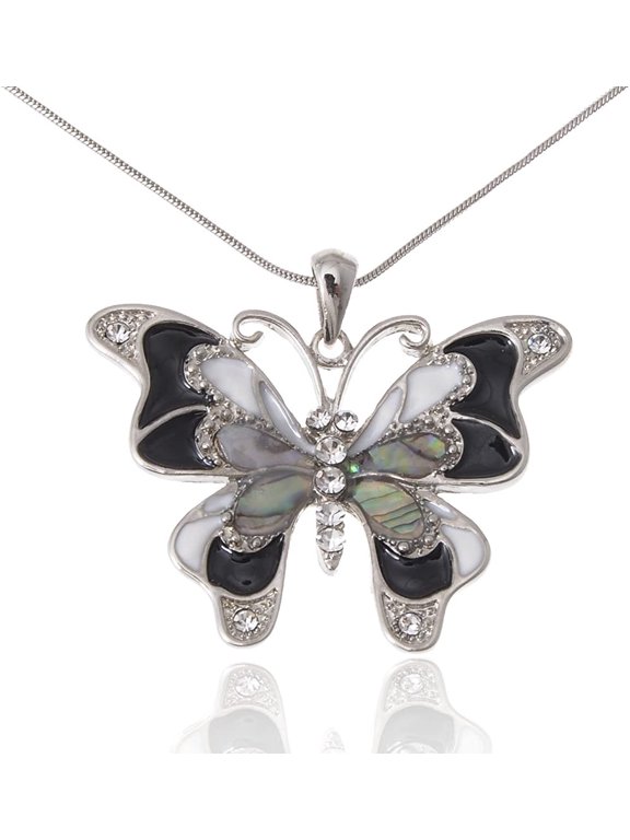 Silvery Tone Abalone Colored Stones Black White Butterfly Pendant Necklace