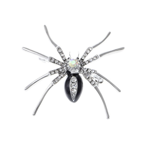 Silvery Tone Clear Crystal Colored Rhinestones Black Creepy Spider Bug Brooch Pin